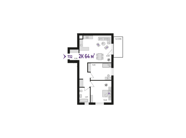ЖК Wawel: планування 2-кімнатної квартири 64 м²