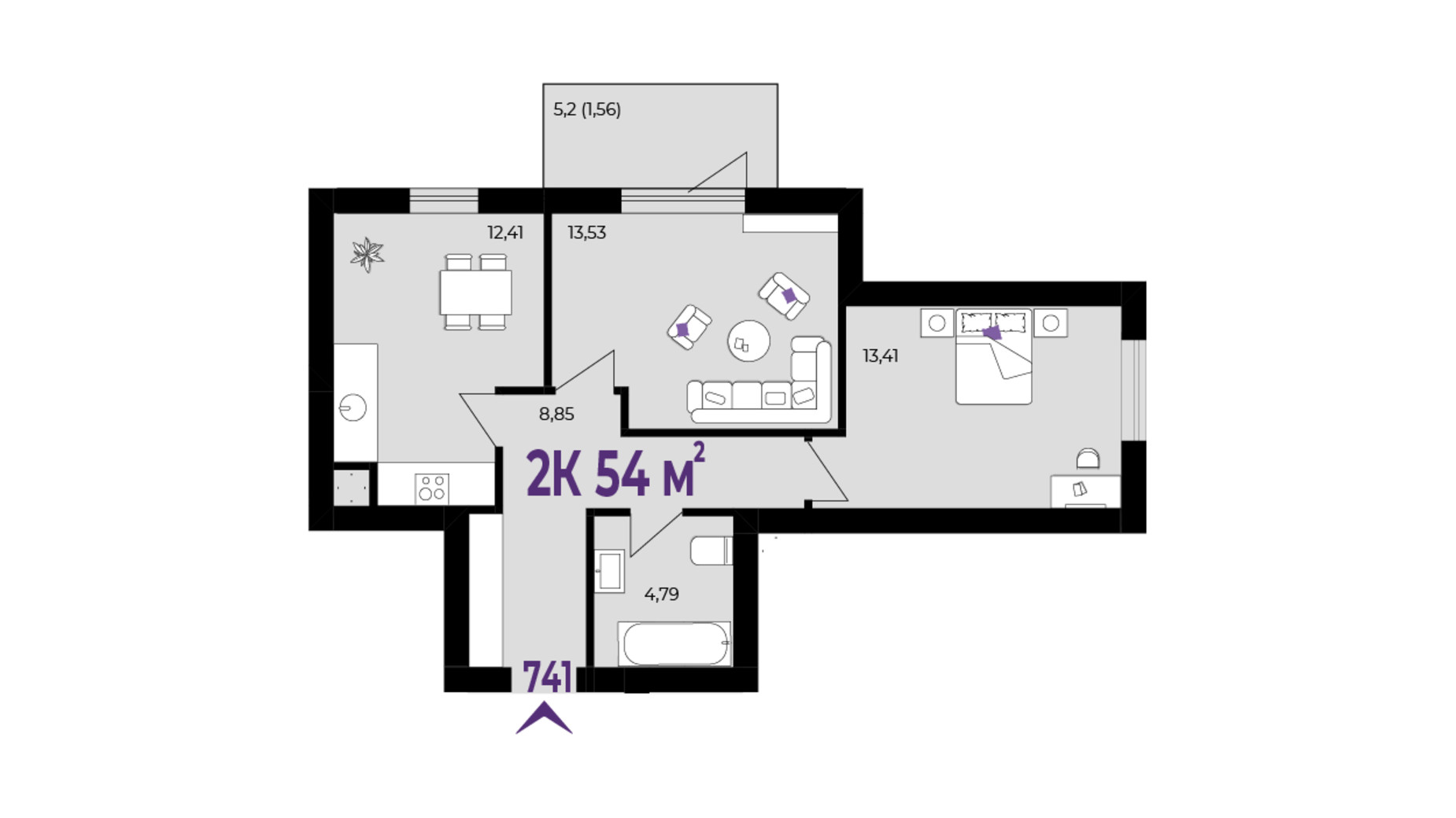 Планировка 2-комнатной квартиры в ЖК Wawel 54 м², фото 651552