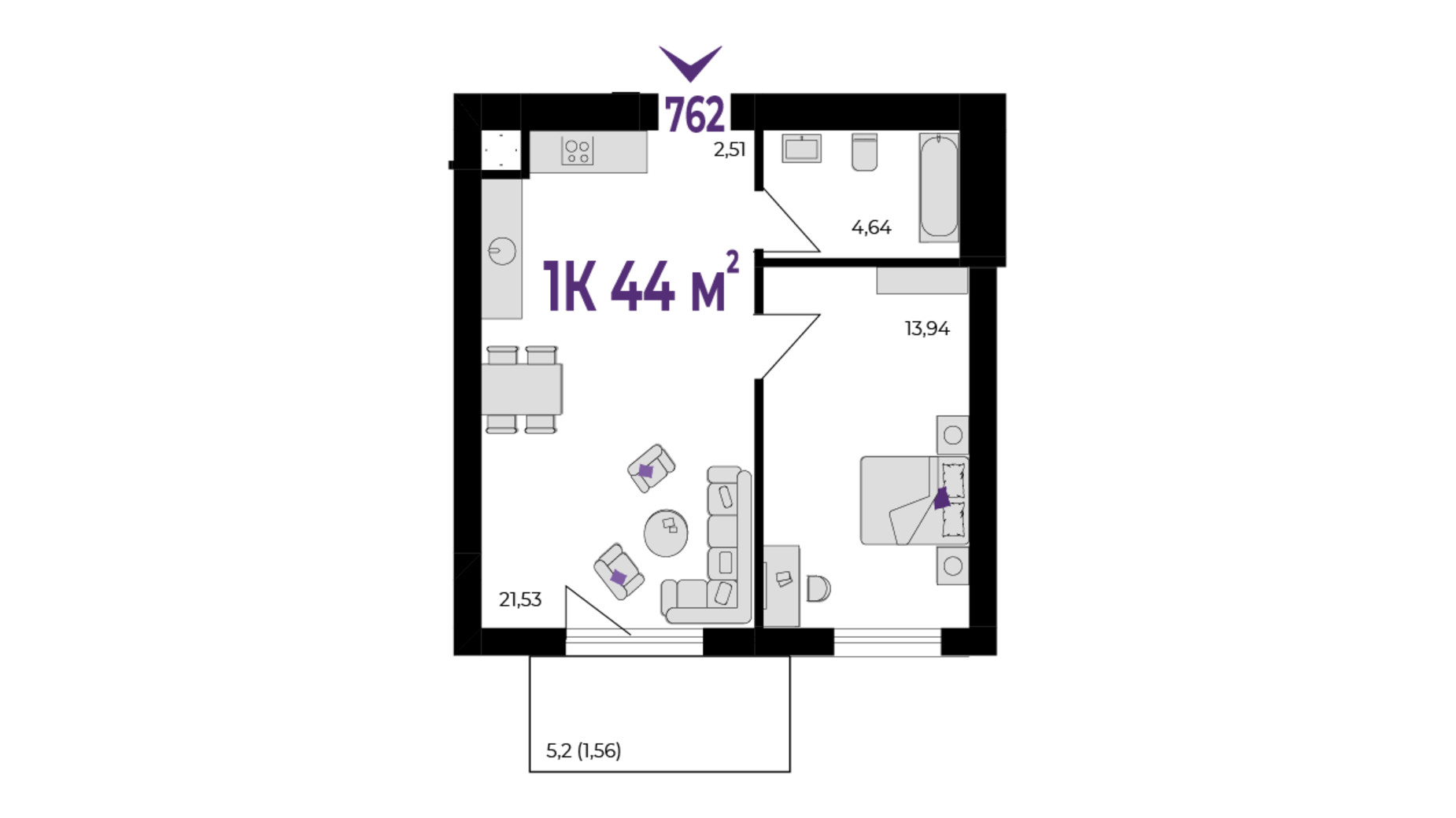 Планування 1-кімнатної квартири в ЖК Wawel 44 м², фото 651557