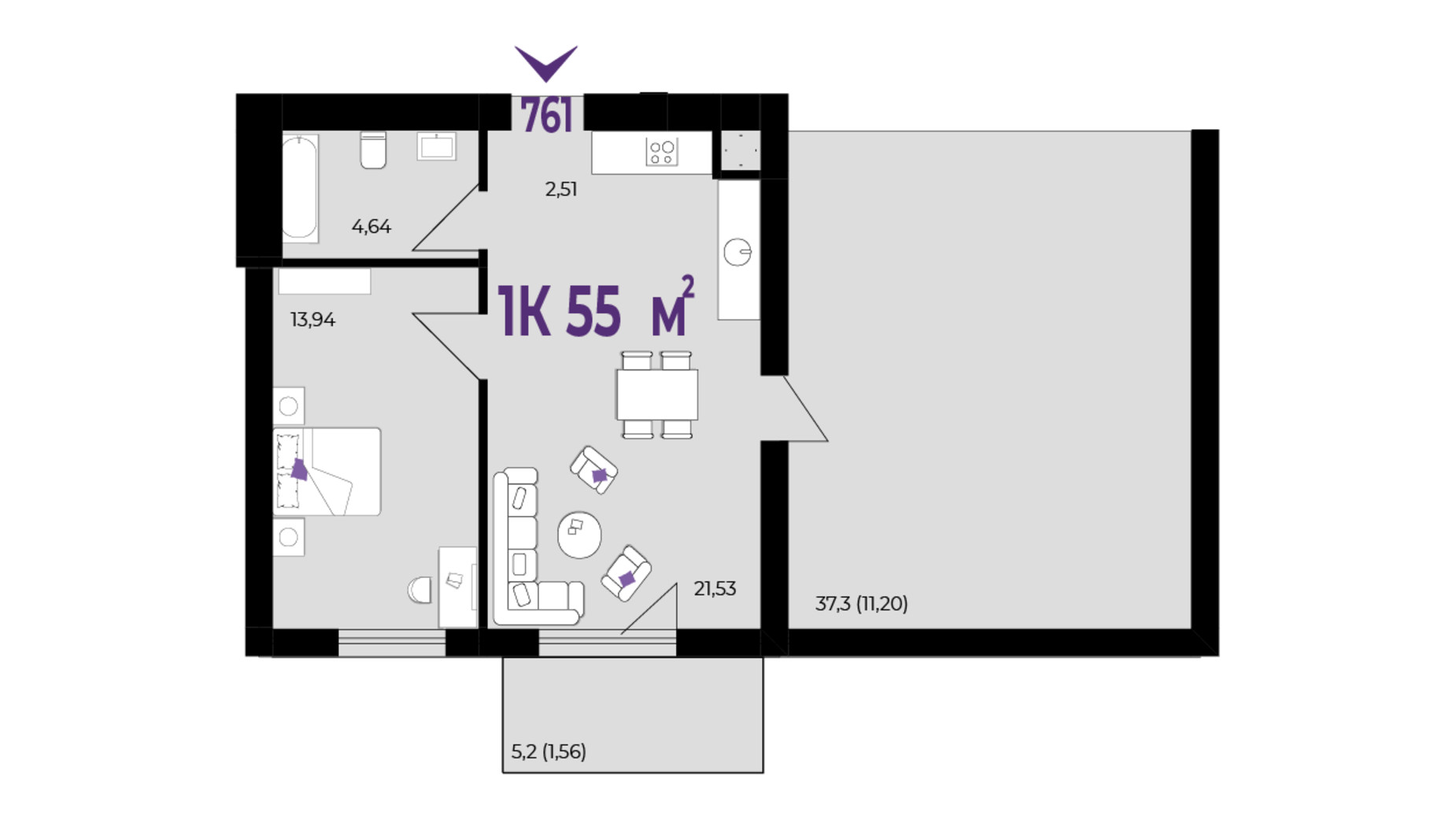 Планування 1-кімнатної квартири в ЖК Wawel 55 м², фото 651560