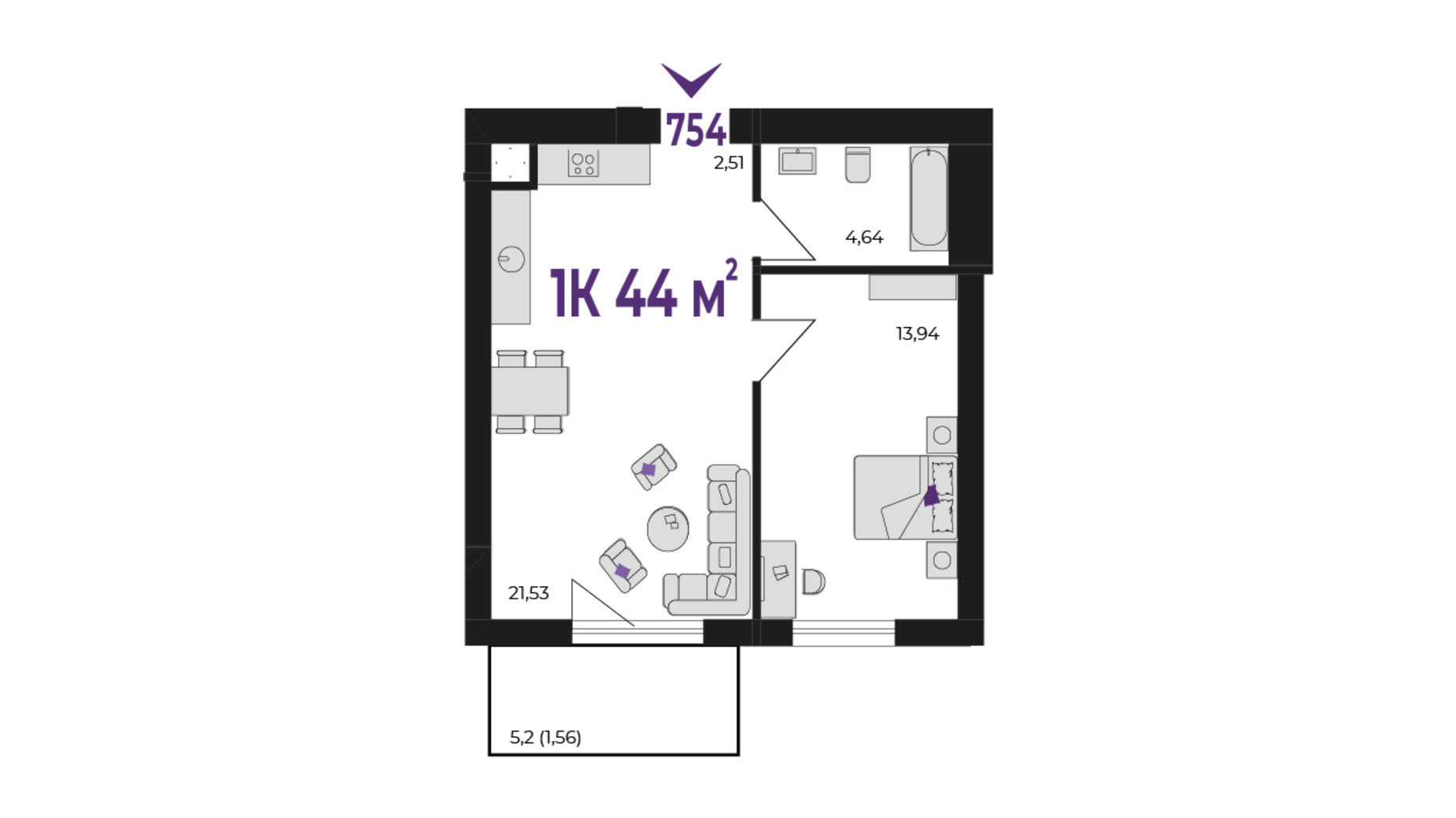 Планування 1-кімнатної квартири в ЖК Wawel 44 м², фото 651561