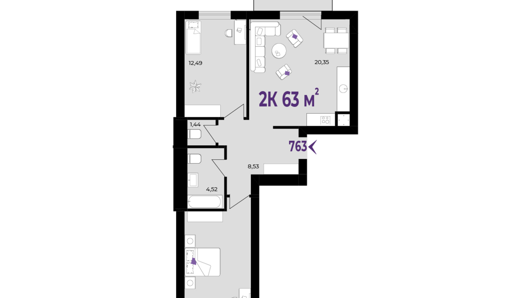 Планировка 2-комнатной квартиры в ЖК Wawel 63 м², фото 651562