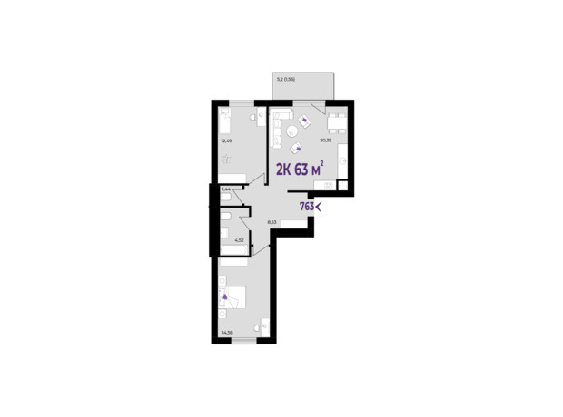 ЖК Wawel: планування 2-кімнатної квартири 63 м²