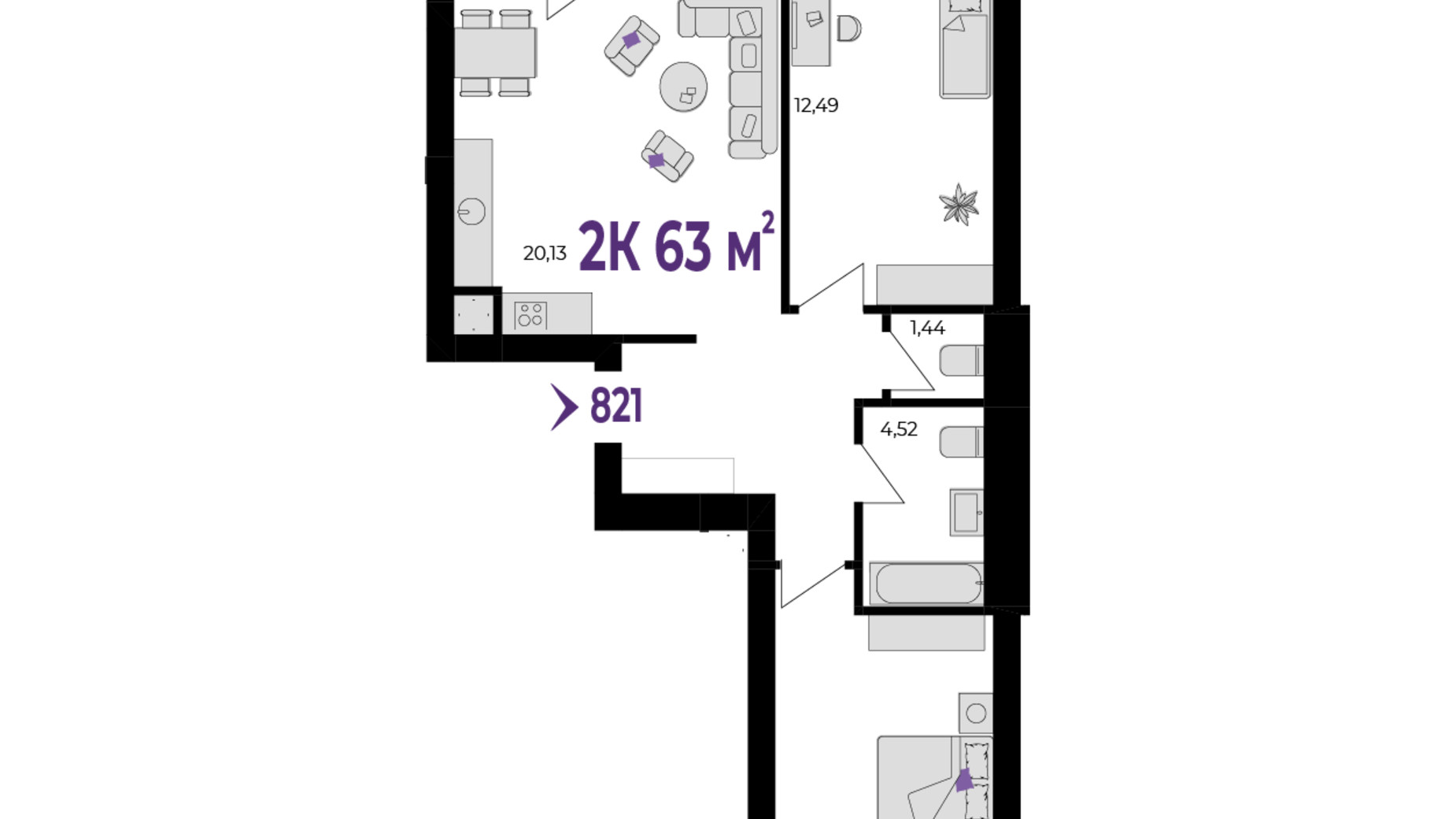 Планировка 2-комнатной квартиры в ЖК Wawel 63 м², фото 651563