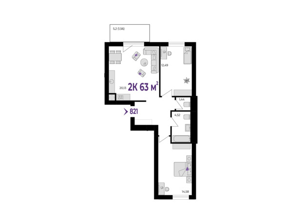 ЖК Wawel: планування 2-кімнатної квартири 63 м²