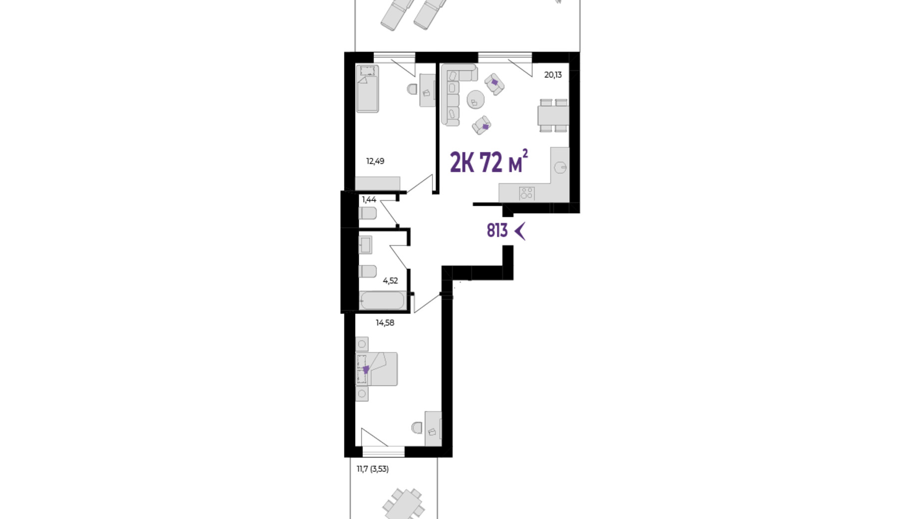 Планування 2-кімнатної квартири в ЖК Wawel 72 м², фото 651566