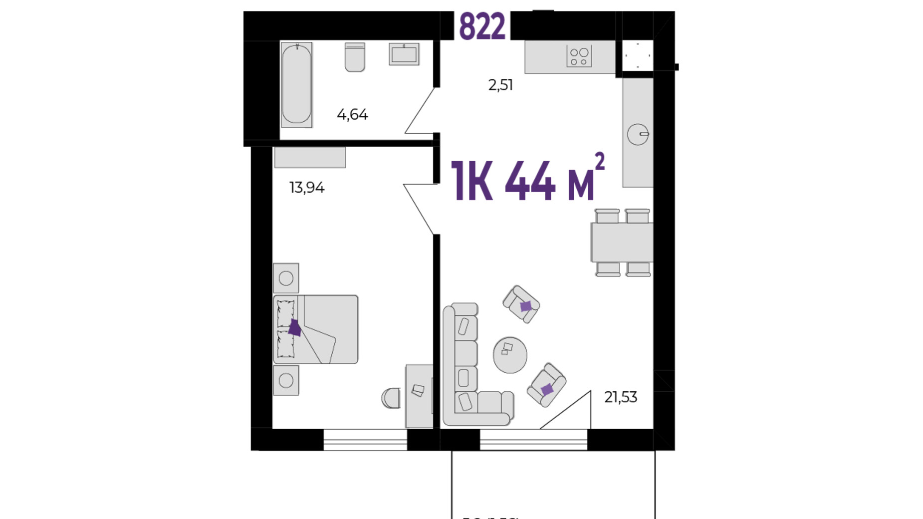 Планування 1-кімнатної квартири в ЖК Wawel 44 м², фото 651567