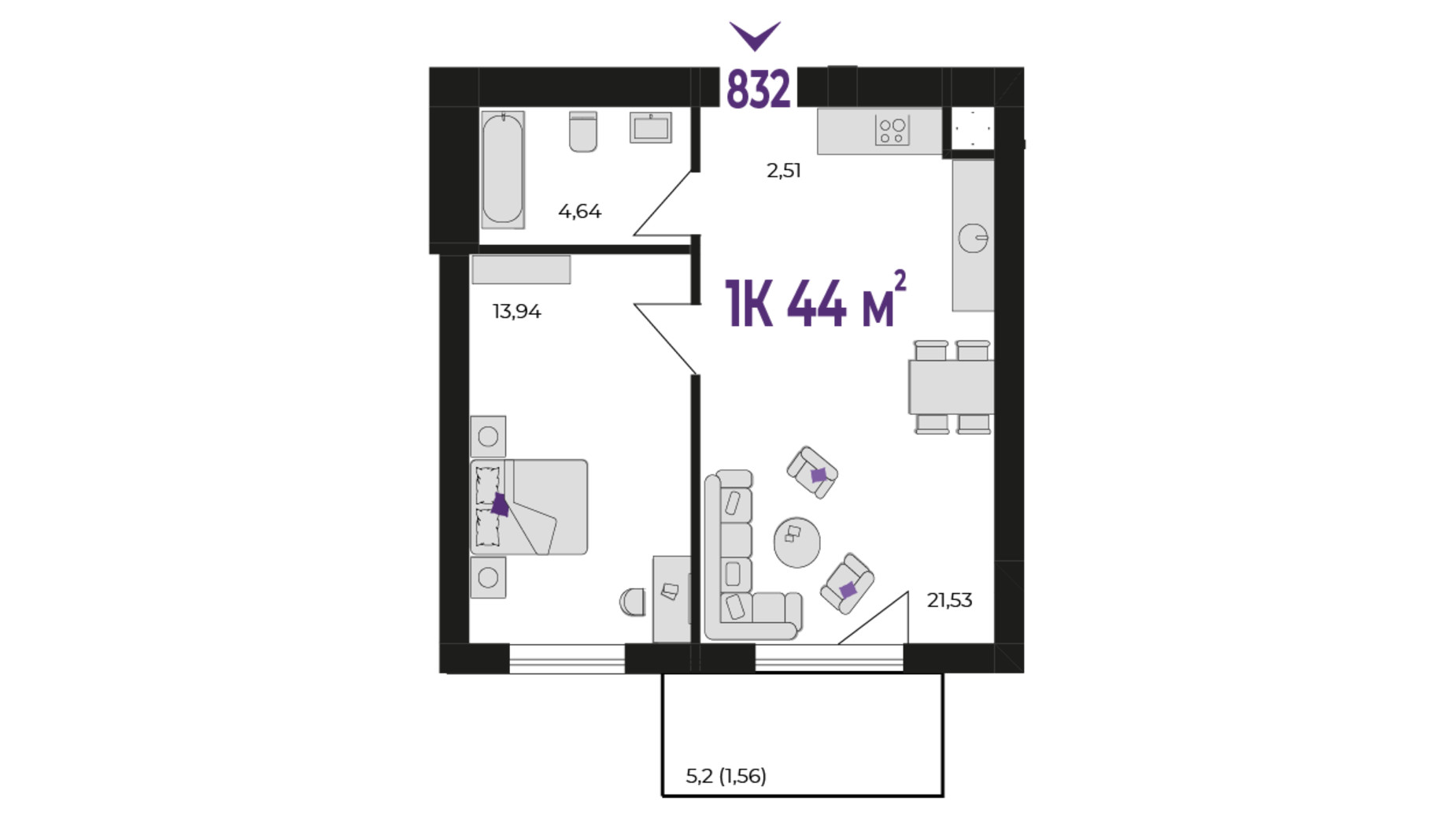 Планування 1-кімнатної квартири в ЖК Wawel 44 м², фото 651572