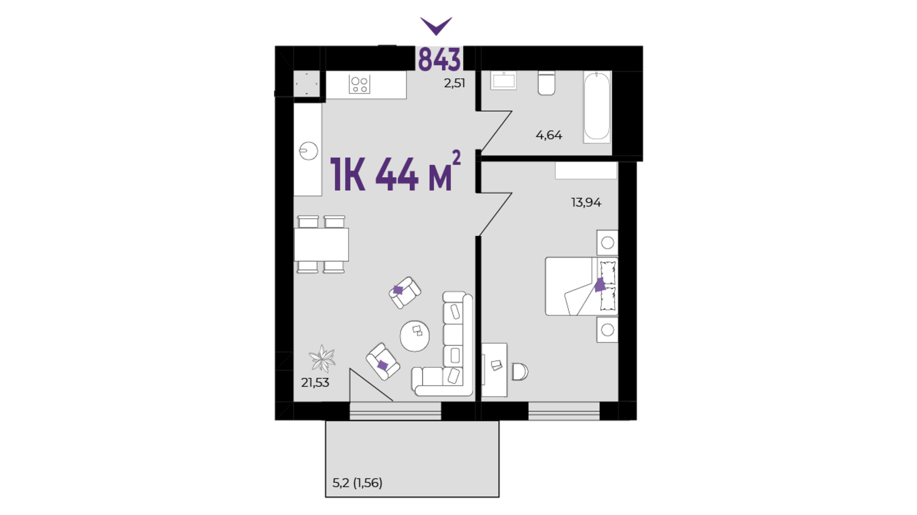 Планування 1-кімнатної квартири в ЖК Wawel 44 м², фото 651573