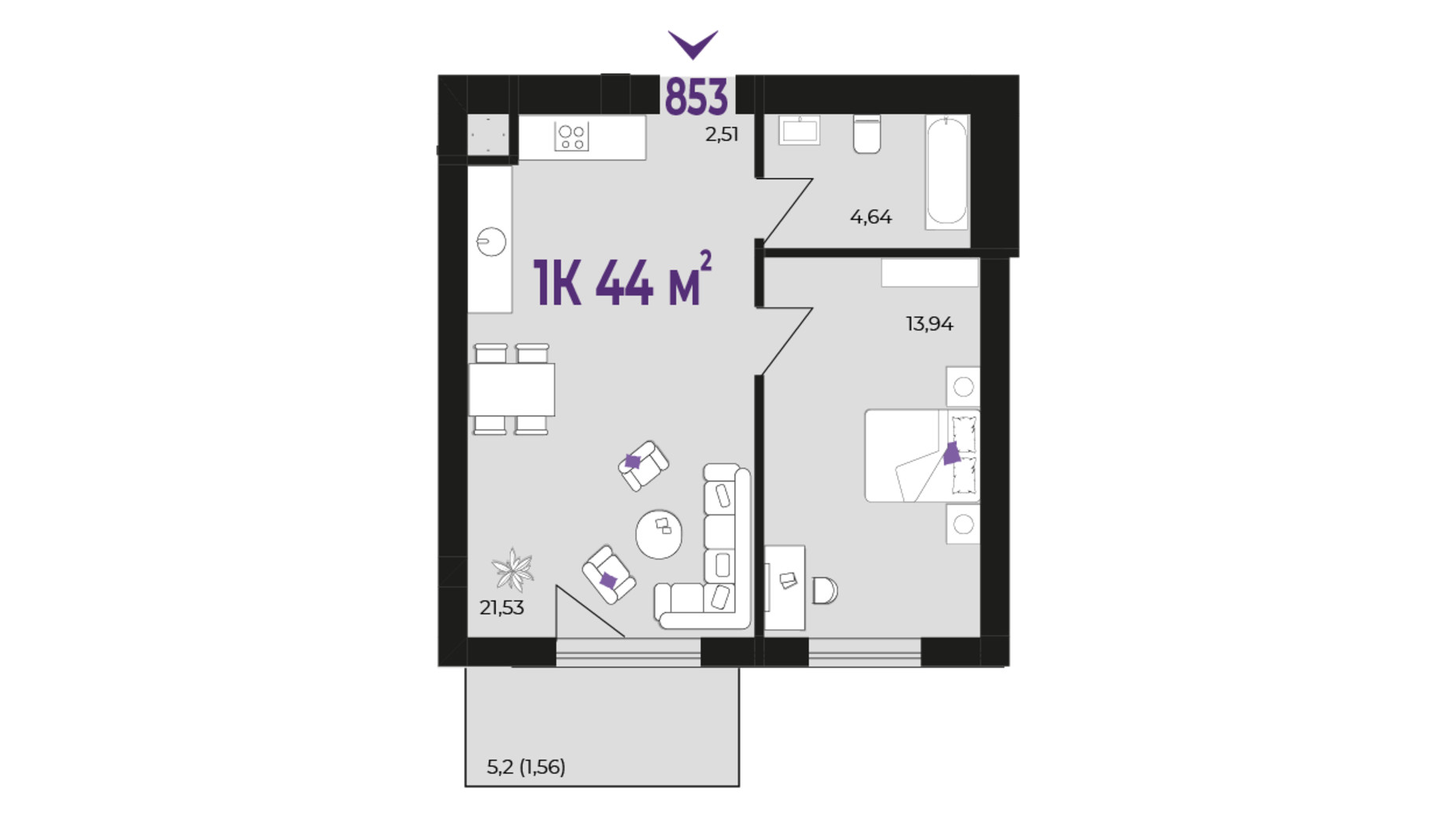 Планування 1-кімнатної квартири в ЖК Wawel 44 м², фото 651575