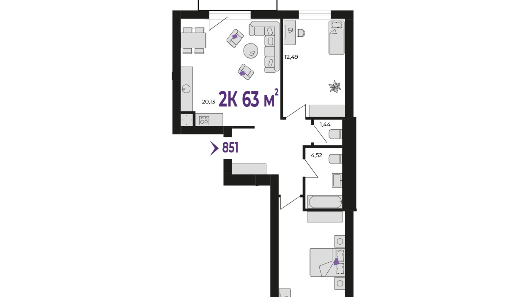 Планировка 2-комнатной квартиры в ЖК Wawel 63 м², фото 651578