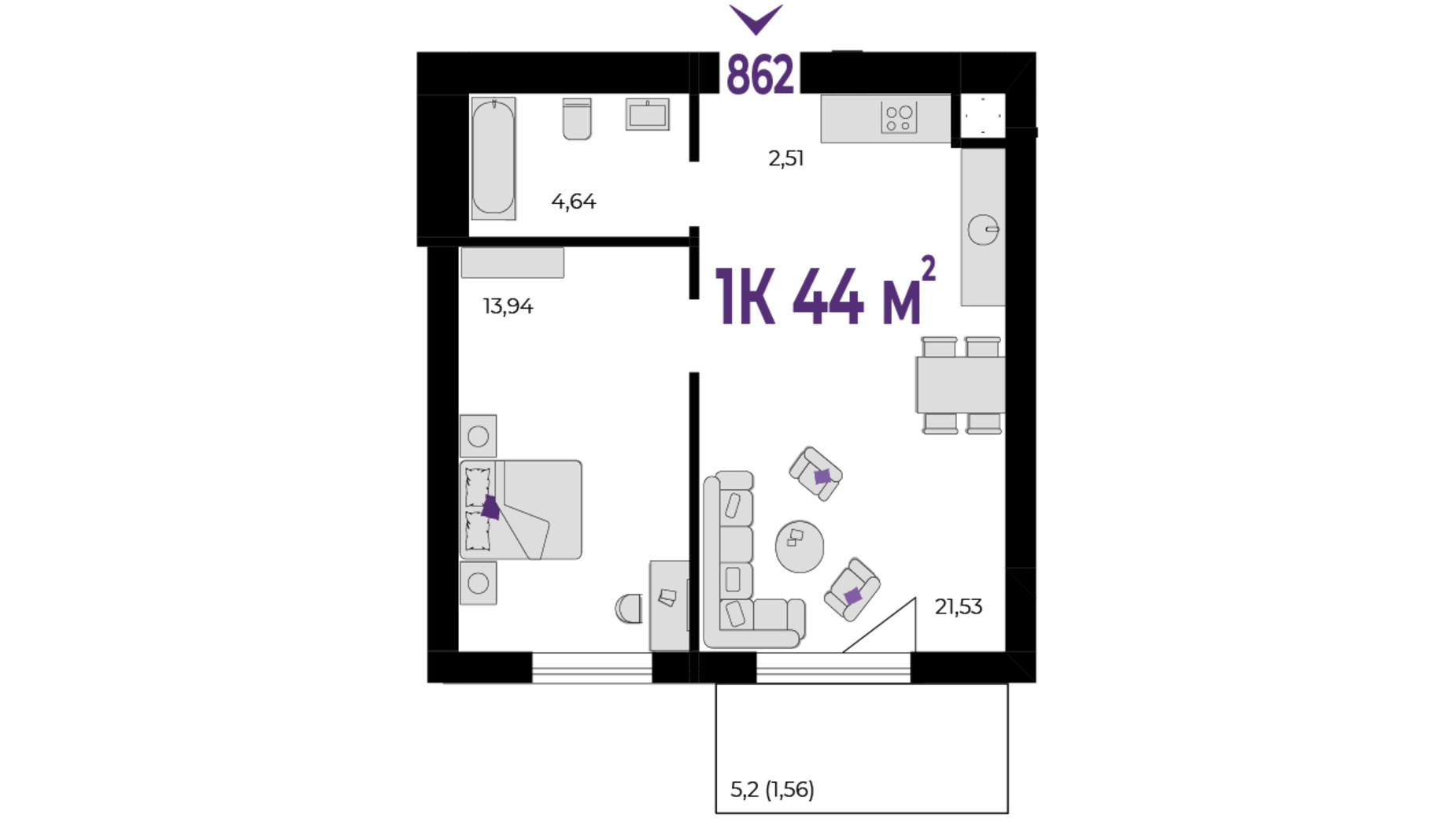 Планування 1-кімнатної квартири в ЖК Wawel 44 м², фото 651580