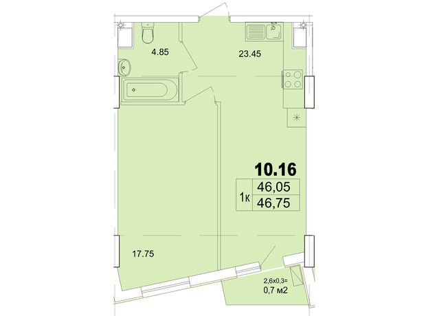 Апарт-комплекс Итака: планировка 1-комнатной квартиры 47.65 м²