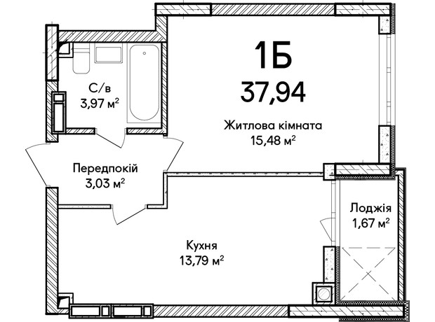 ЖК Синергія Сіті: планування 1-кімнатної квартири 37 м²