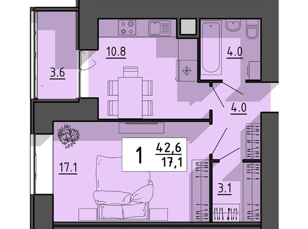 ЖК Файне місто: планування 1-кімнатної квартири 42.6 м²