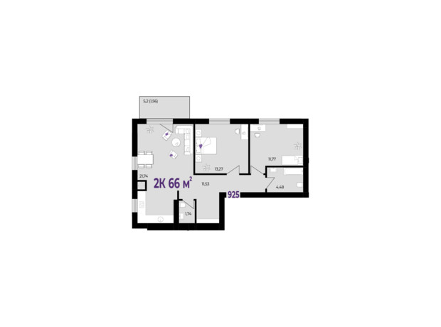 ЖК Wawel: планування 2-кімнатної квартири 66 м²