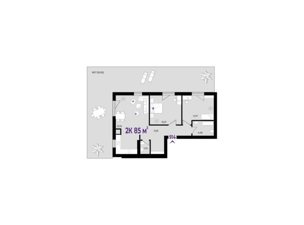 ЖК Wawel: планування 2-кімнатної квартири 85 м²
