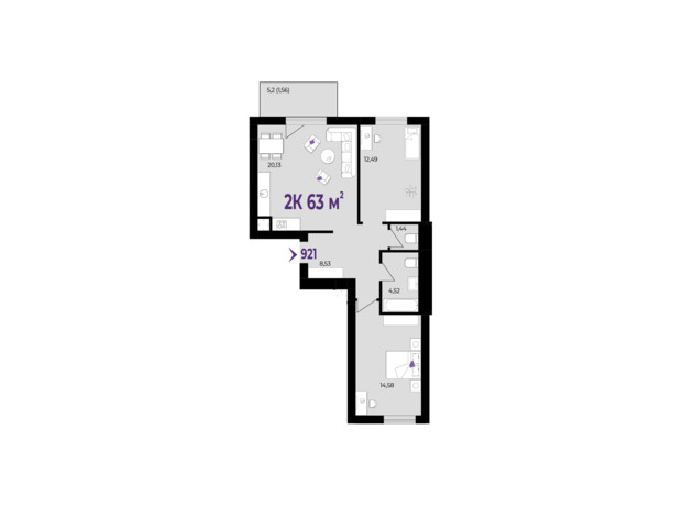 ЖК Wawel: планування 2-кімнатної квартири 63 м²