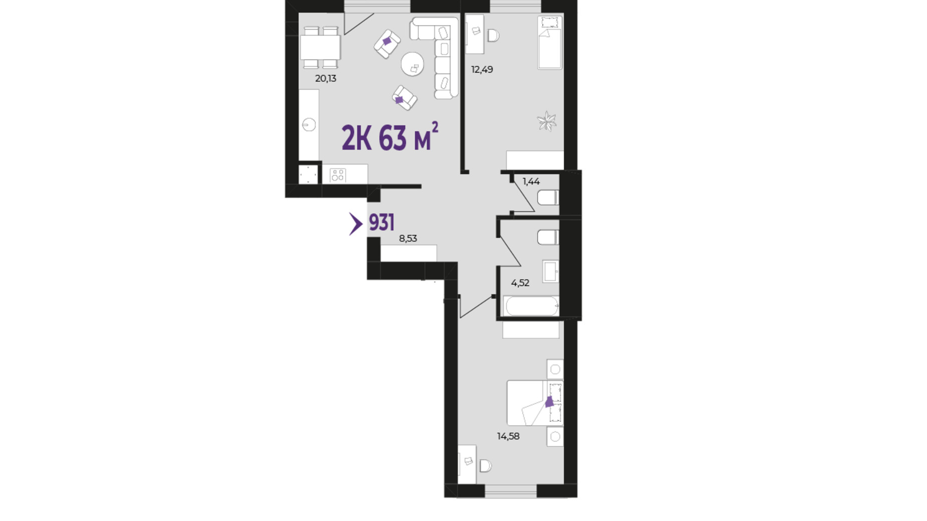 Планировка 2-комнатной квартиры в ЖК Wawel 63 м², фото 651756