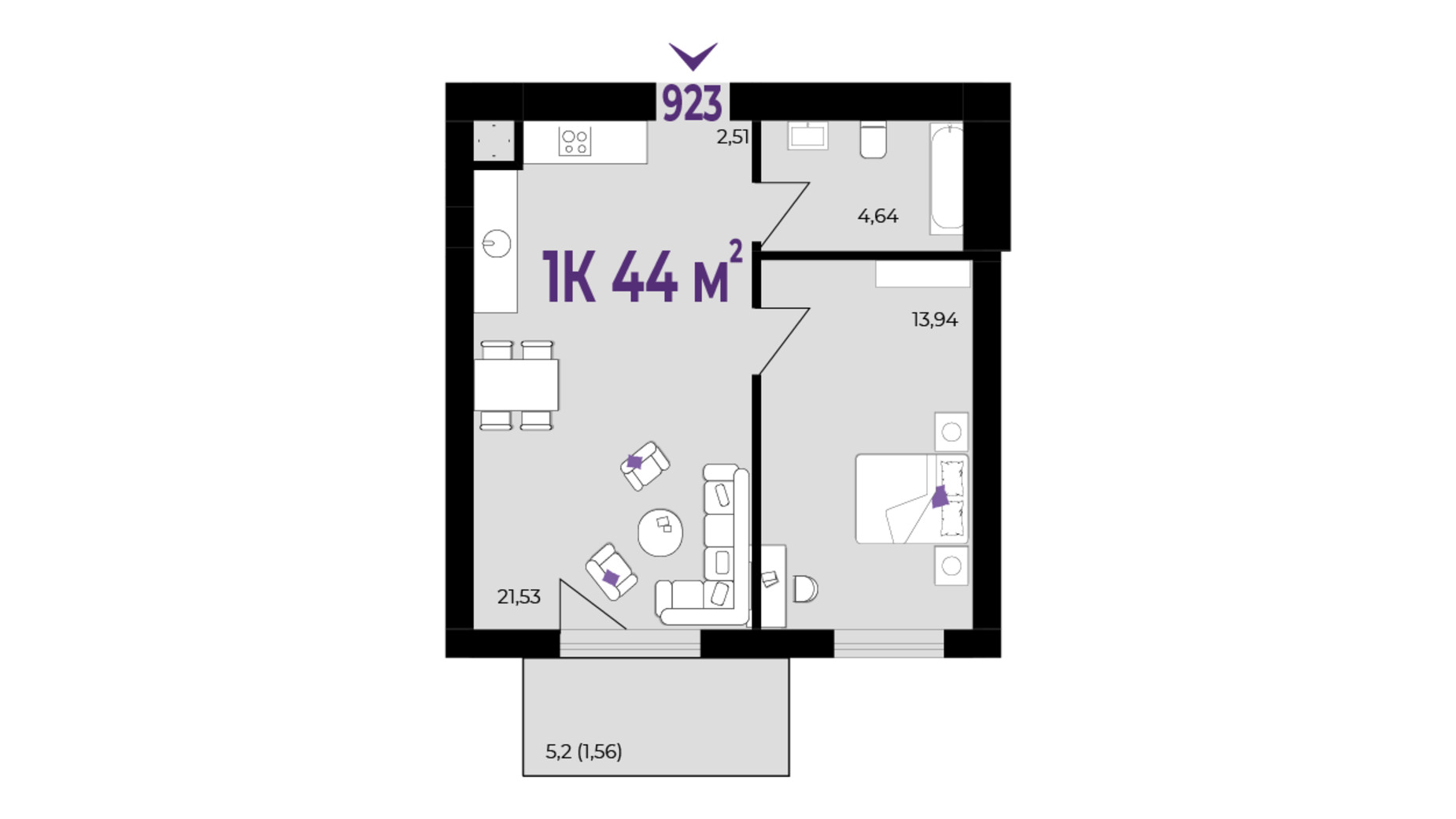 Планування 1-кімнатної квартири в ЖК Wawel 44 м², фото 651757