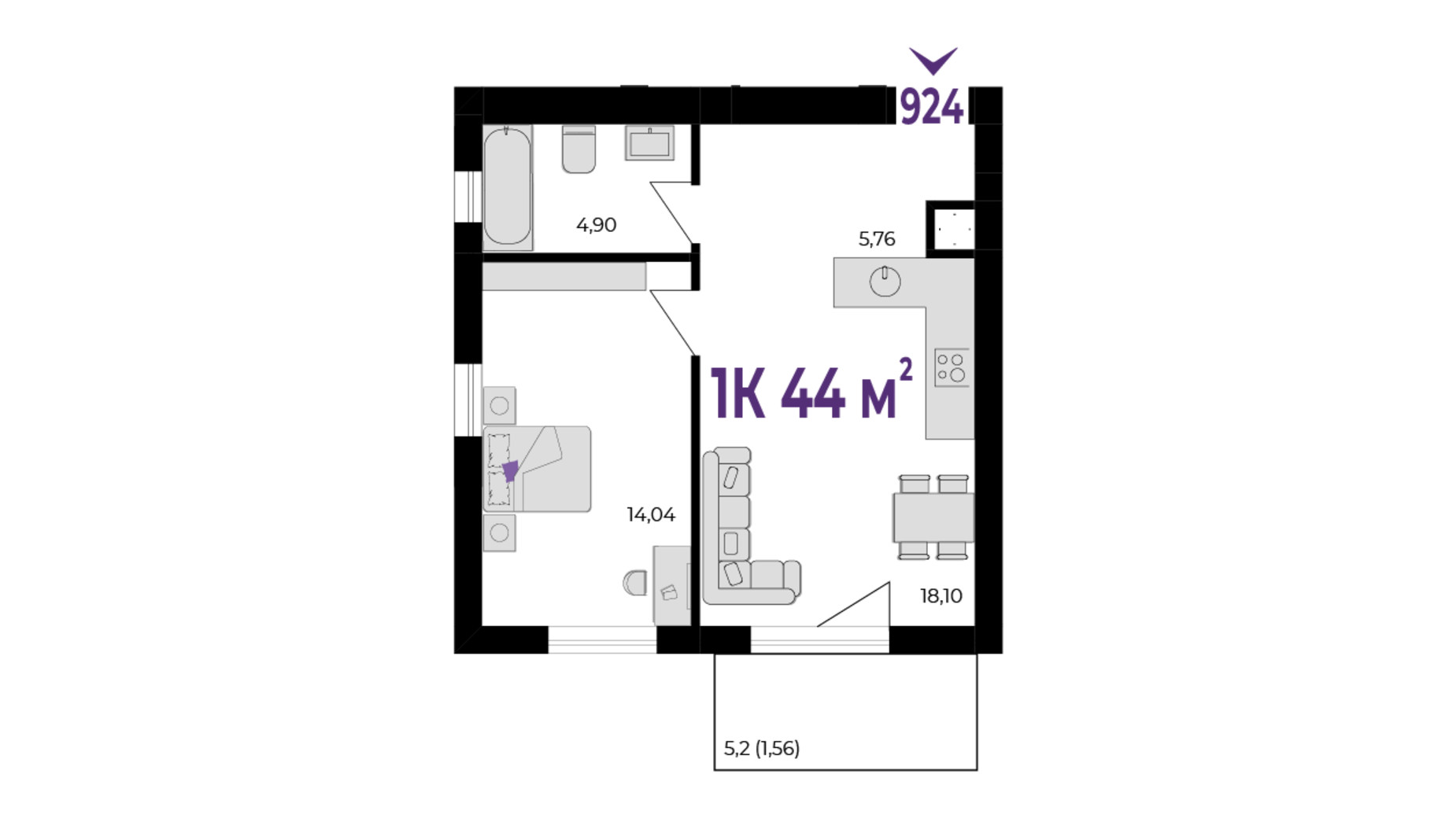 Планування 1-кімнатної квартири в ЖК Wawel 44 м², фото 651758
