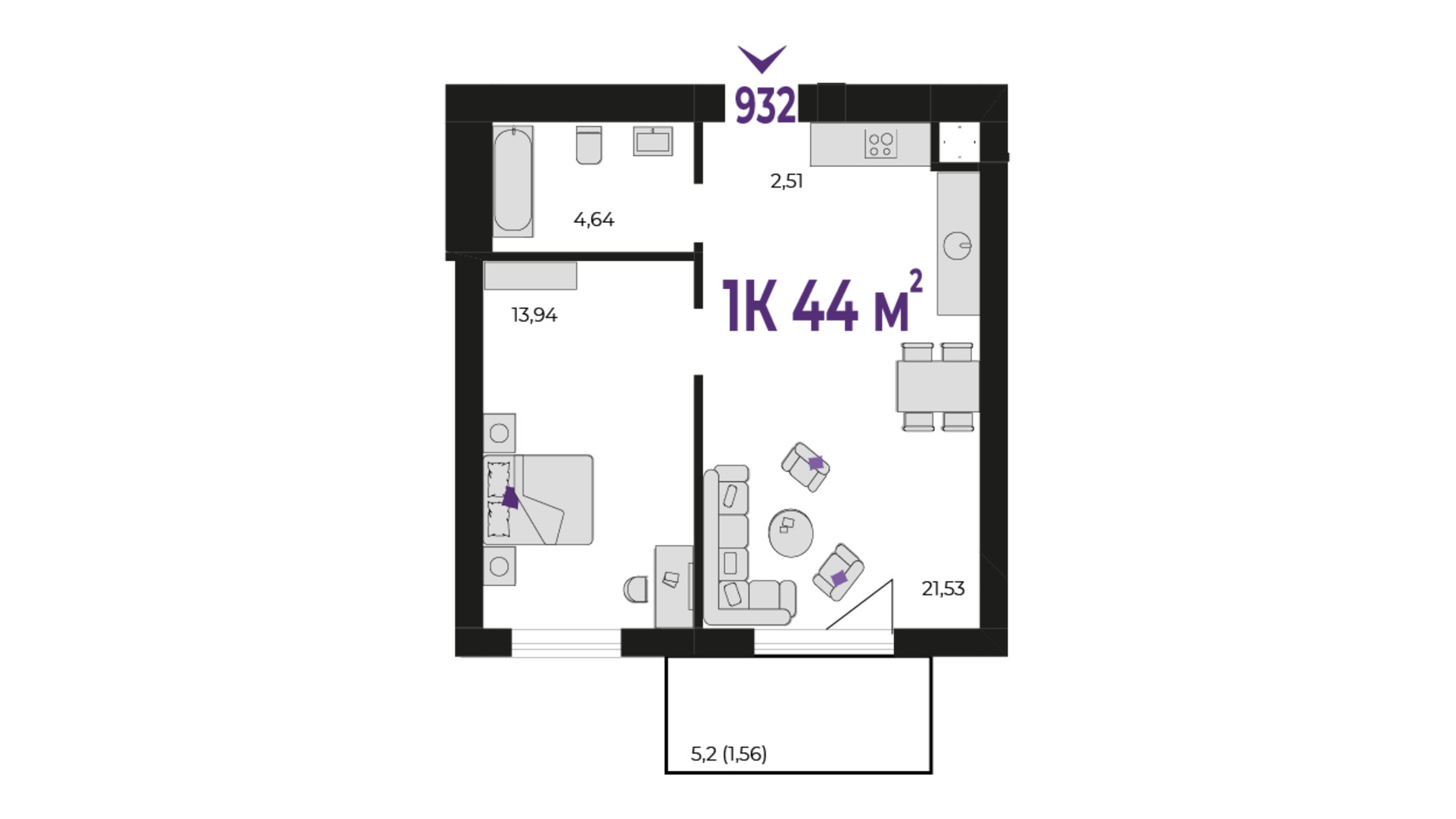 Планування 1-кімнатної квартири в ЖК Wawel 44 м², фото 651759
