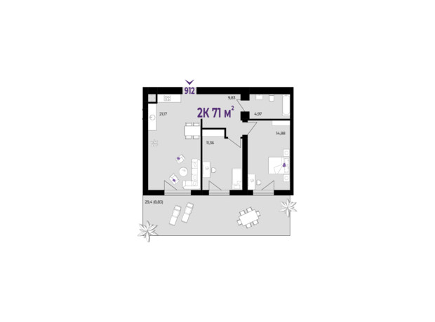 ЖК Wawel: планування 2-кімнатної квартири 71 м²