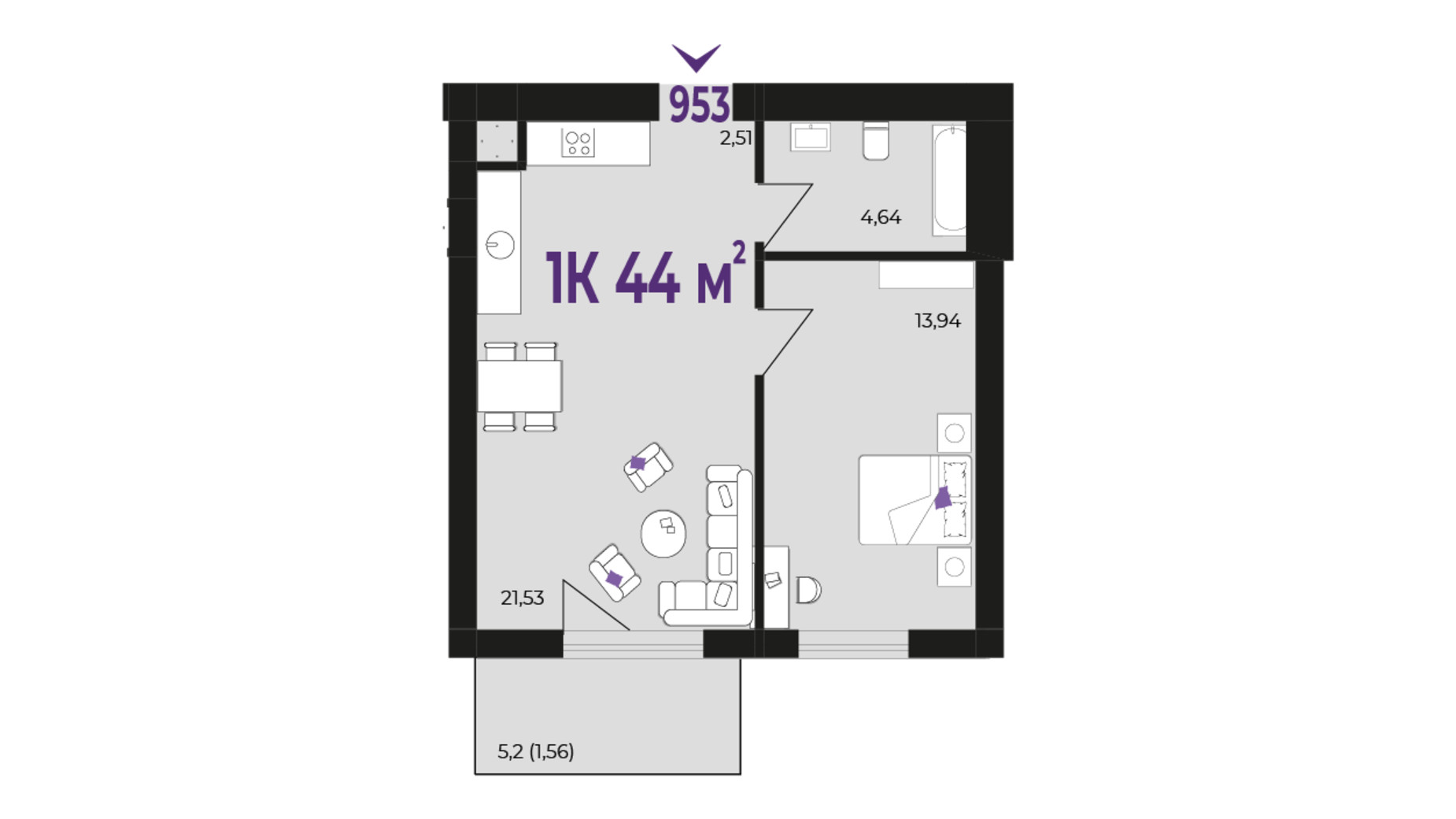 Планировка 1-комнатной квартиры в ЖК Wawel 44 м², фото 651762