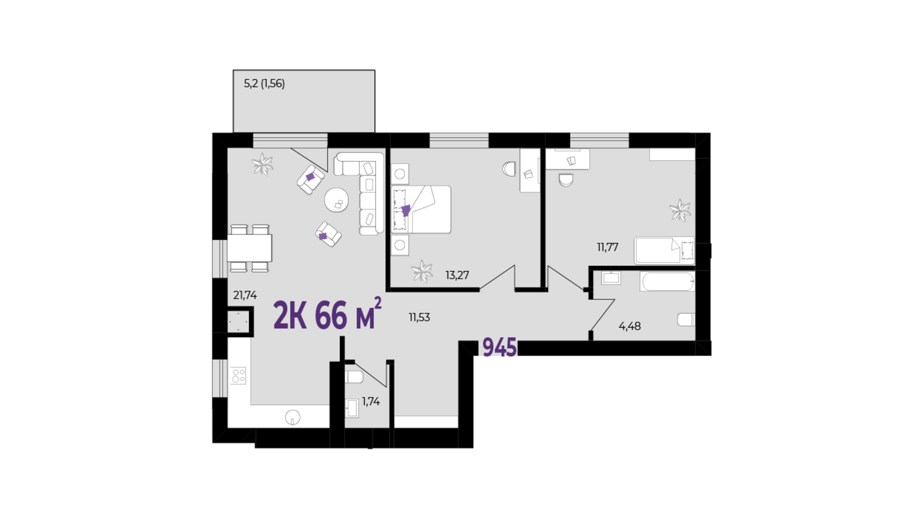 Планировка 2-комнатной квартиры в ЖК Wawel 66 м², фото 651764