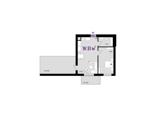 ЖК Wawel: планировка 1-комнатной квартиры 51 м²