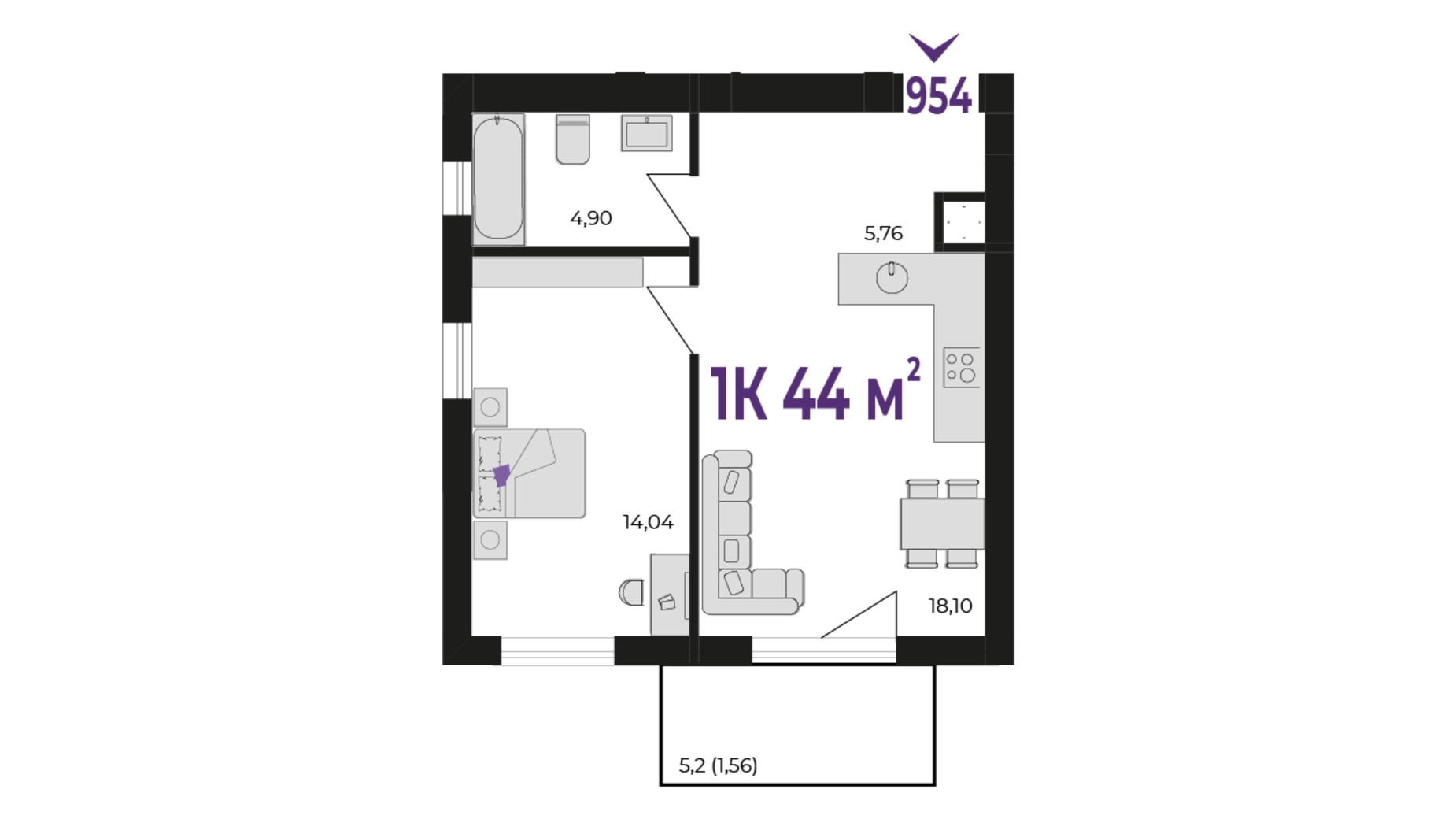 Планування 1-кімнатної квартири в ЖК Wawel 44 м², фото 651773