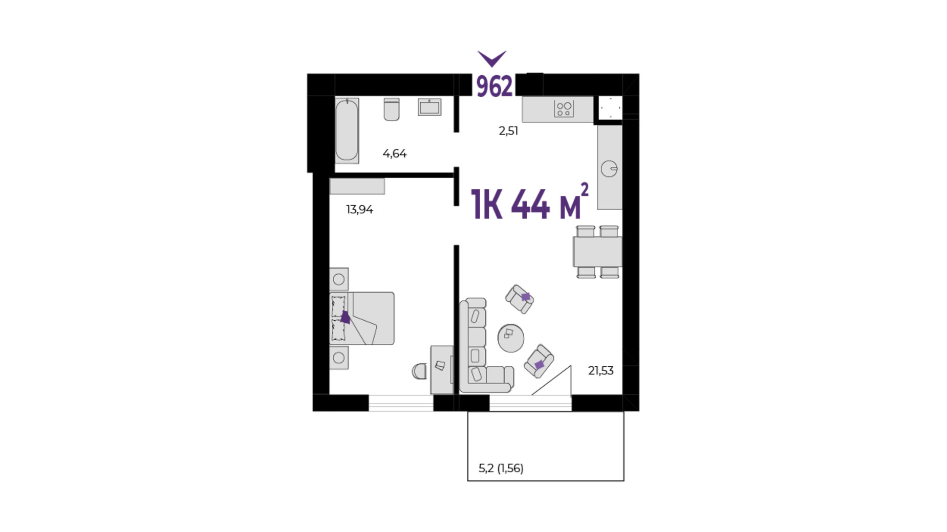 Планування 1-кімнатної квартири в ЖК Wawel 44 м², фото 651775