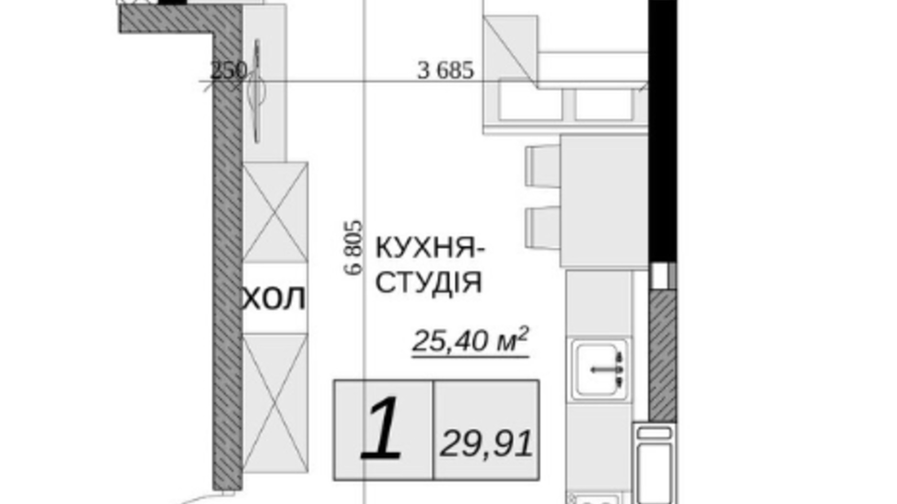 Планировка смарт квартиры в ЖК Якісне житло 29.91 м², фото 651927