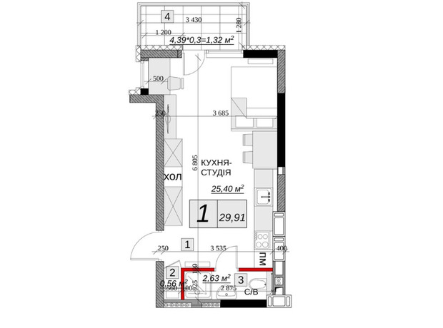 ЖК Якісне житло: планировка 1-комнатной квартиры 29.91 м²