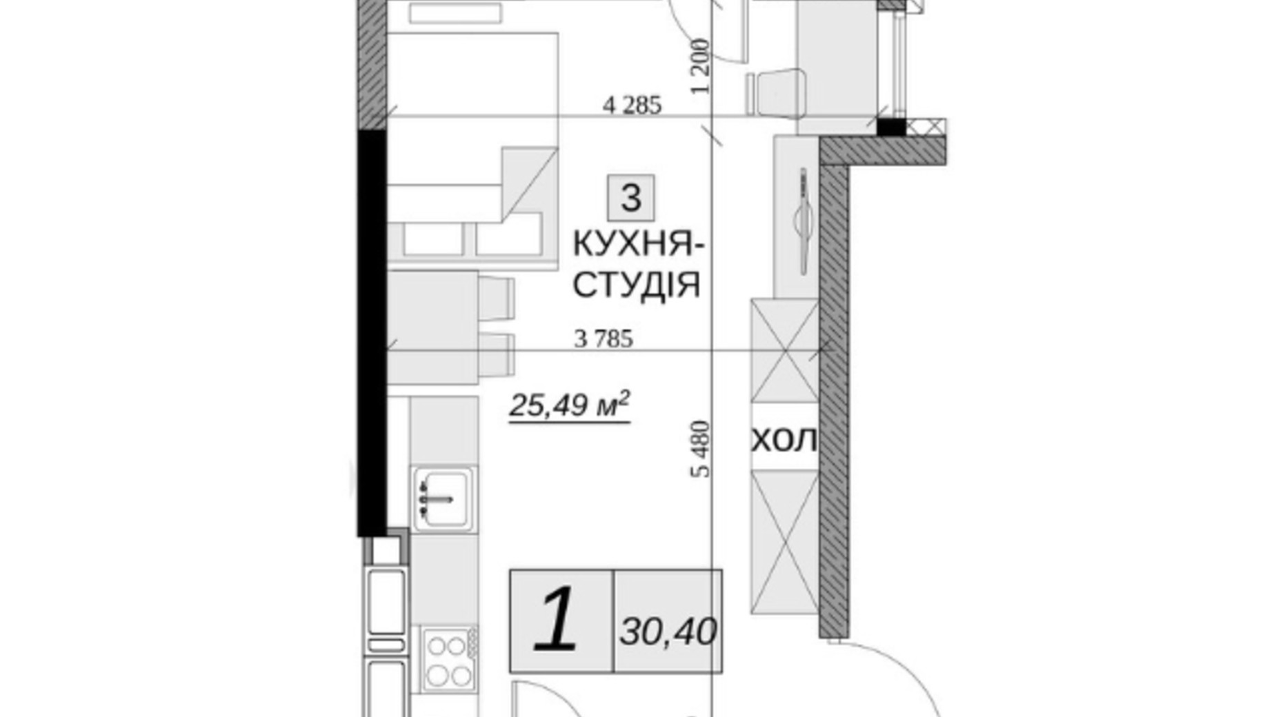 Планировка смарт квартиры в ЖК Якісне житло 30.4 м², фото 651928