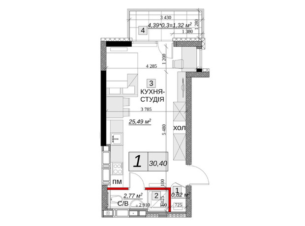 ЖК Якісне житло: планировка 1-комнатной квартиры 30.4 м²