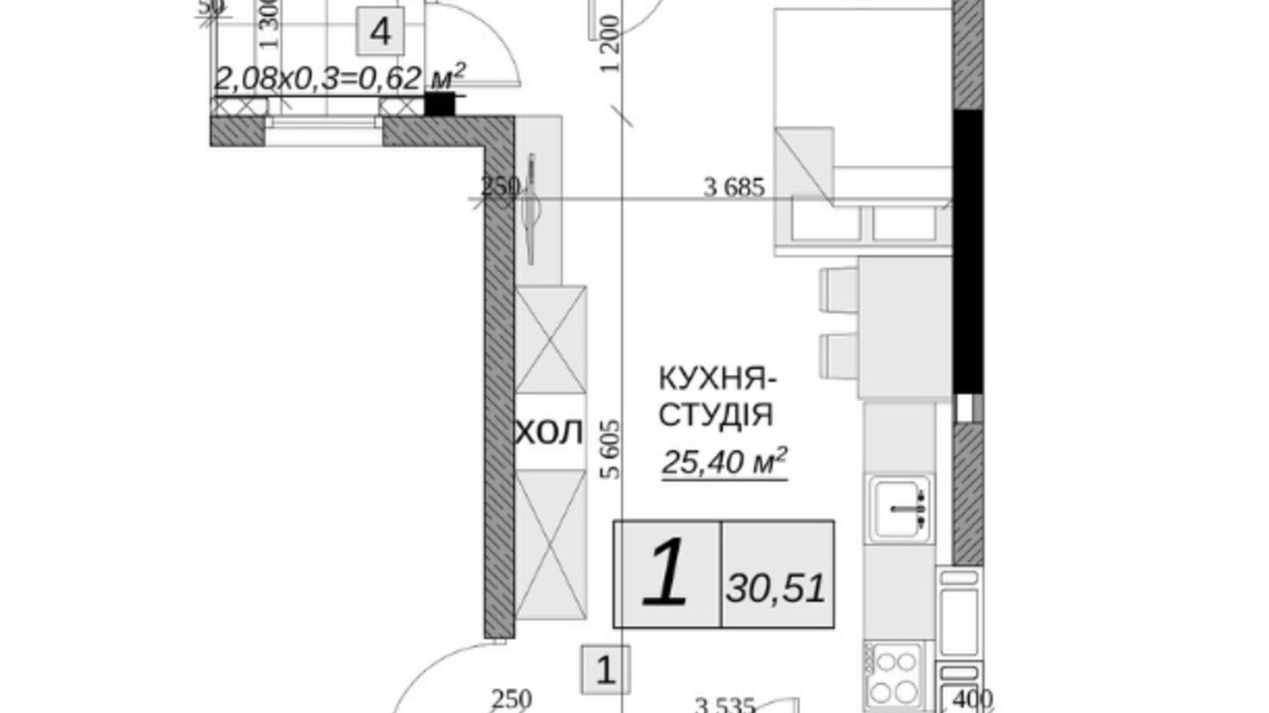 Планировка смарт квартиры в ЖК Якісне житло 30.53 м², фото 651929