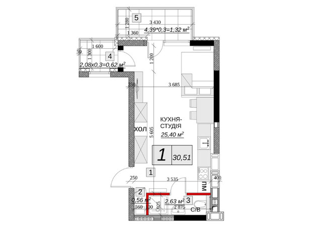 ЖК Якісне житло: планування 1-кімнатної квартири 30.53 м²