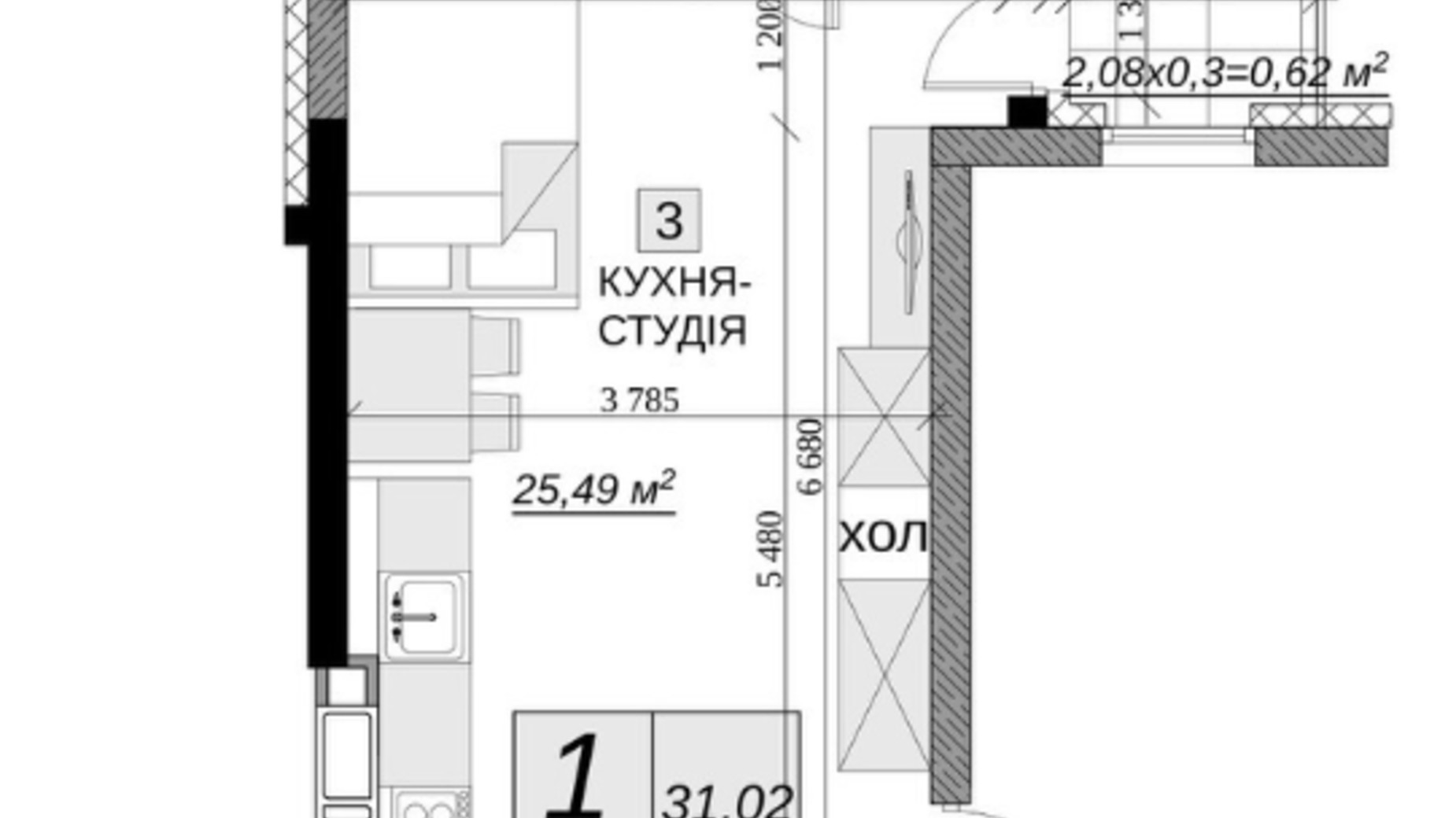 Планування смарт квартири в ЖК Якісне житло 31.02 м², фото 651930