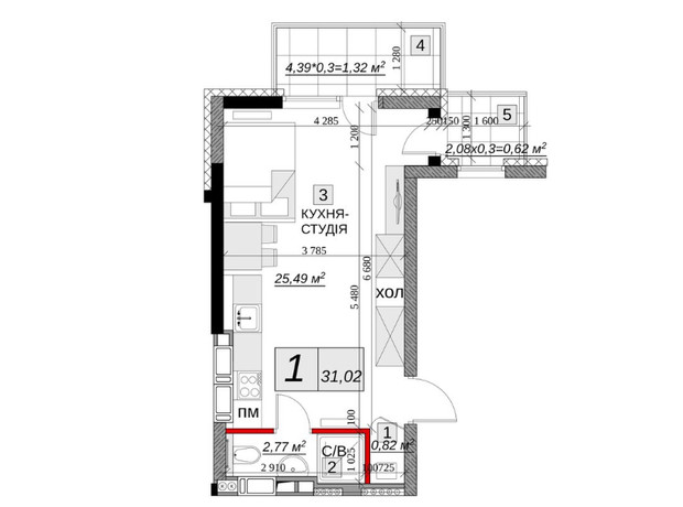 ЖК Якісне житло: планировка 1-комнатной квартиры 31.02 м²