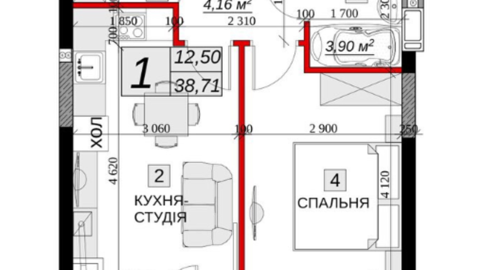 Планировка 1-комнатной квартиры в ЖК Якісне житло 38.71 м², фото 651931
