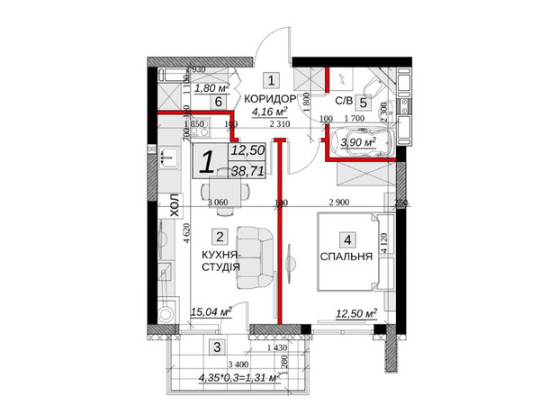 ЖК Якісне житло: планировка 1-комнатной квартиры 38.71 м²