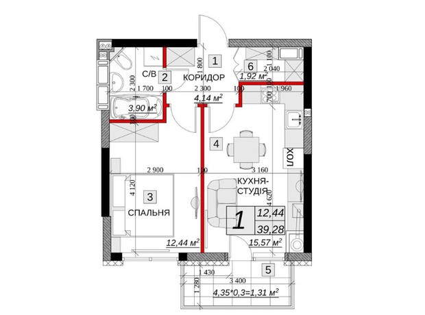 ЖК Якісне житло: планировка 1-комнатной квартиры 39.28 м²