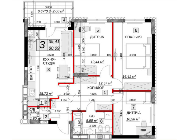 ЖК Якісне житло: планировка 3-комнатной квартиры 80 м²