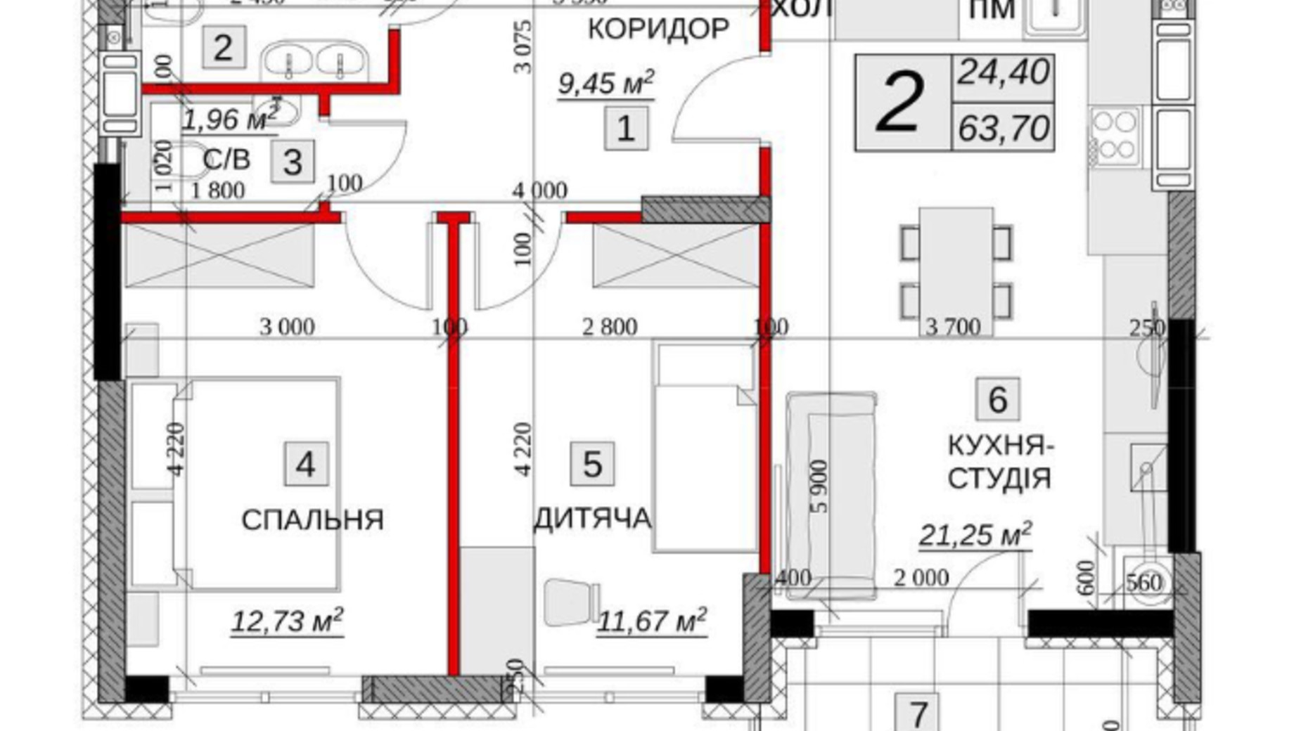 Планування 2-кімнатної квартири в ЖК Якісне житло 63.7 м², фото 651934