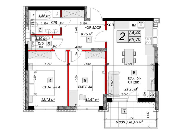 ЖК Якісне житло: планування 2-кімнатної квартири 63.7 м²