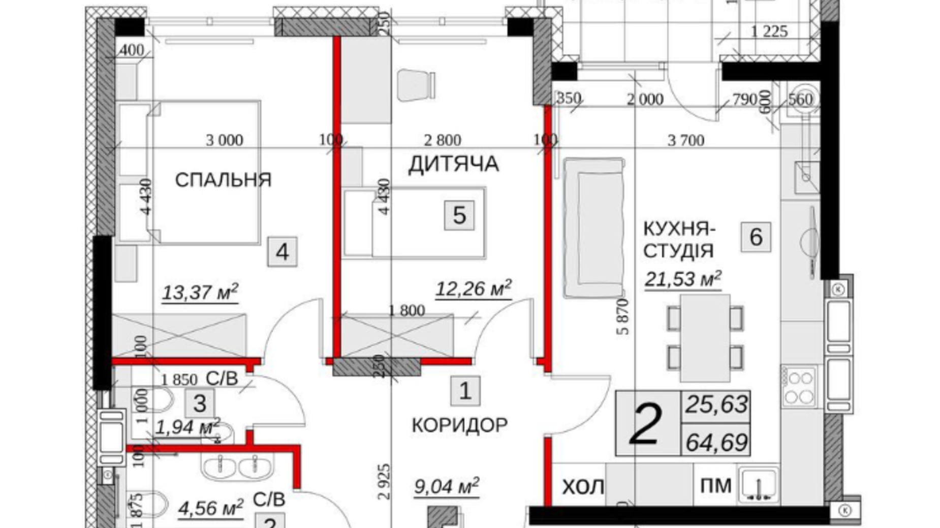 Планировка 2-комнатной квартиры в ЖК Якісне житло 64.69 м², фото 651935