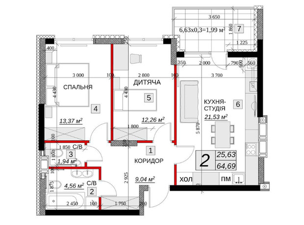 ЖК Якісне житло: планування 2-кімнатної квартири 64.69 м²