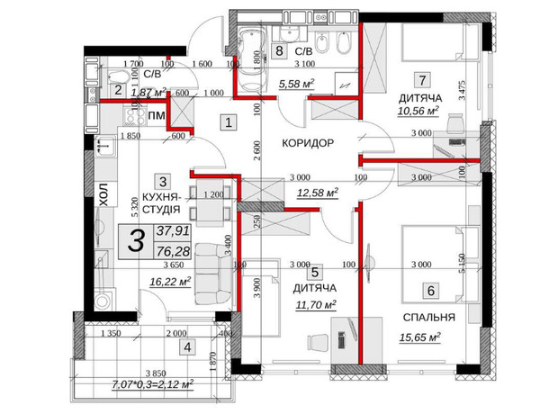 ЖК Якісне житло: планування 3-кімнатної квартири 76.28 м²