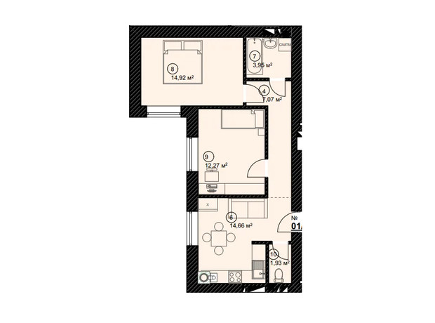 ЖК Уютный: планировка 2-комнатной квартиры 54.8 м²